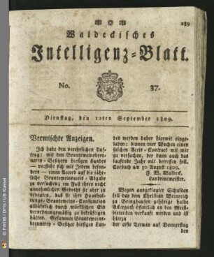No. 37. Dienstag, den 12ten September 1809