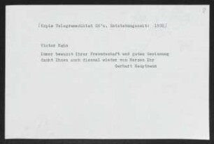 Brief von Gerhart Hauptmann an Viktor Hahn