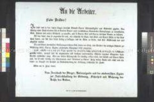 Maueranschlag: Offener Brief des Ausschusses der Bürger, Nationalgarde und der akademischen Legion an die Arbeiter zur Bildung von Ehrengerichten; Wien, 3. Juni 1848