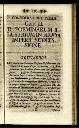 Considerationis Primæ Cap. II. De Foeminarum Illustrium In Feuda Imperii Successione