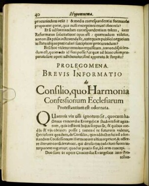 Prolegomena, Brevis Informatio de Consilio, quo Harmonia Confessionum Ecclesiarum Protestantium est odornata.