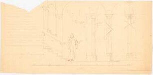 Gewölbehalle: Details 1:20: kleine Treppe mit Seitenwange und Pilastern, Pfeiler, Gewölbe (angedeutet), Maßstabsleiste
