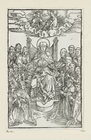 Heilige Brigitta verteilt ihr Buch, Titelblatt aus: Suecica Brigitta/Petrus Olai/Johannes de Turrecremata/Florian Waldauf, "Revelationes Sanctae Birgittae", Nürnberg 1500