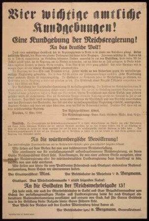 "Vier wichtige amtliche Kundgebungen!" Verlegung der Reichsregierung von Berlin nach Dresden angesichts der Wirren in der Hauptstadt und Solidaritätsbekundung Württembergs und der Reichswehr