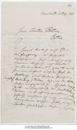 Brief von Reinhold Grundemann an Justus Perthes' Geographische Anstalt  : Manchester, 15.08.1865
