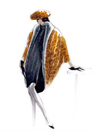 Modezeichnung: Frau in Cape-Mantel und Hut
