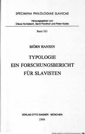 Typologie : ein Forschungsbericht für Slavisten