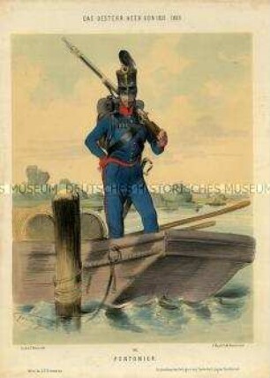Uniformdarstellung, Pontonier auf einem Boot, Österreich, 1835/1848. Tafel 105 aus: Gerasch: Das Oesterreichische Heer.