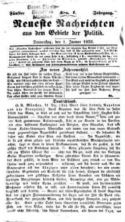 Neueste Nachrichten aus dem Gebiete der Politik. 1852 = Jg. 5, 1 - 3