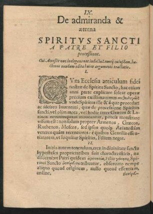 IX. De admiranda & aeterna Spiritus Sancti A Patre Et Filio proceßione.