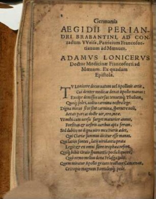 Germania Aegidii Periandri : In Qua Doctissimorum Virorum Elogia, & iudicia continentur ...