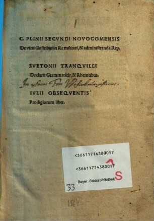 C. Plinii Secvndi Novocomensis De viris illustribus in Re militari, & administranda Rep.