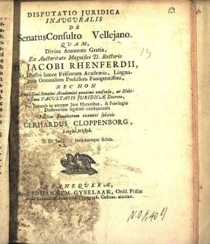 Disputatio Juridica Inauguralis De SenatusConsulto Vellejano