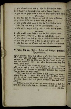 V. Von den vier Jahres-Zeiten und übrigen Himmels-Begebenheiten