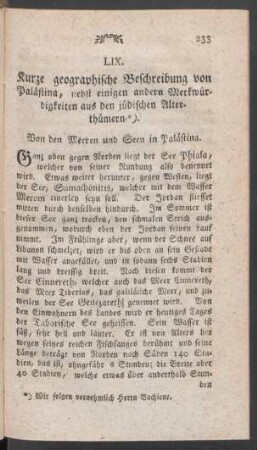 LIX. Kurze geographische Beschreibung von Palästina, nebst einigen andern Merkwürdigkeiten aus den jüdischen Alterthümern
