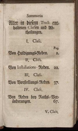 Summaria Aller in diesem Tract. enthaltenen Classen und Abtheilungen.
