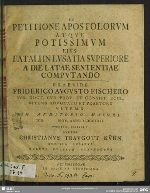 De Petitione Apostolorum Atque Potissimum Eius Fatali In Lusatia Superiore A Die Latae Sententiae Computando