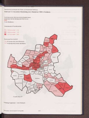 Veränderung der Stimmenanteile (Zweitstimmen) gegenüber der Bundestagswahl 1987 für die der SPD in den Stadtteilen