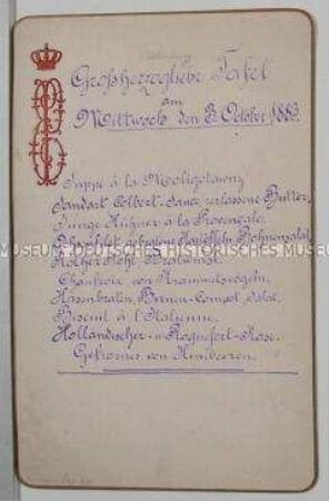 Speisekarte von der Großherzoglichen Tafel am 3. Oktober 1883