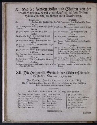 XI. Die bey fremden Höfen und Staaten von der Stadt Hamburg, sowol gemeinschaftlich mit den übrigen Hansee-Städten, als für sich allein Accreditirten.