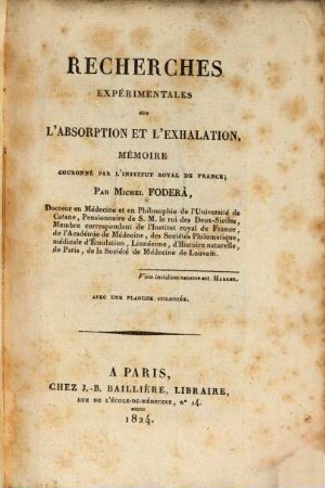 Recherches expérimentales sur l'absorption et l'exhalation