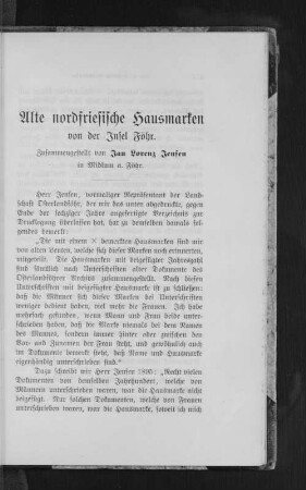 Alte nordfriesische Hausmarken von der Insel Föhr : zusammengestellt von Jan Lorenz Jensen in Widlum a. Föhr