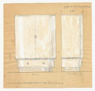 Schrankkommode Schlafzimmer mit englischen Zügen inwendig : Vorder- und Seitenansicht eines Entwurfes für einen Schlafzimmerschrank, mit Größenangaben; papier mit Wasserzeichen "Krone"