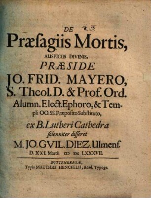 De praesagiis mortis, auspiciis divinis