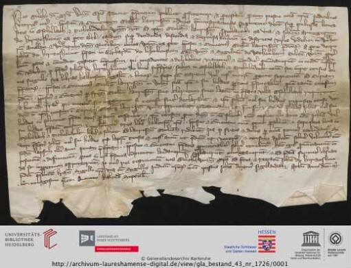Urkunde : Vergleich zwischen Kloster Lorsch und Johann II. von Hirschhorn