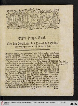 Erster Haupt-Titul. Von den Geschichten des Kayserlichen Hofes, und den Erblanden disseits der Alpen