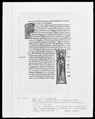 Handschrift Nummer 367: Boethius mit Kommentar des Gilbertus Porretanus, Textseite mit Initiale P(remittit) un I(nvestigatam), Folio 4verso