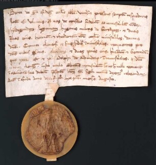Austausch von Ministerialen aus dem Ritterstande zwischen der Äbtissin Berta von Essen und dem Grafen von Kleve. Datum 1262 im August. Siegel abhängend, Umschrift zerstört.