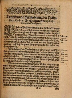 Vermahnung der Pfälzischen Kirchen an alle Evangel. Kirchen in Deutschland