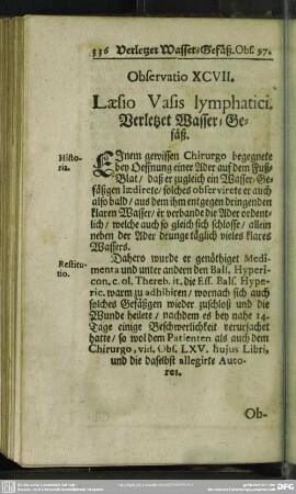 Observatio XCVII. Laesio Vasis lymphatici. Verletzet Wasser-Gefäß