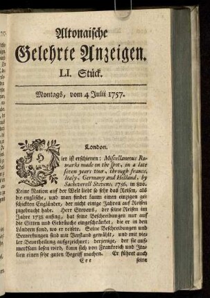 LI. Stück. Montags, vom 4 Julii 1757