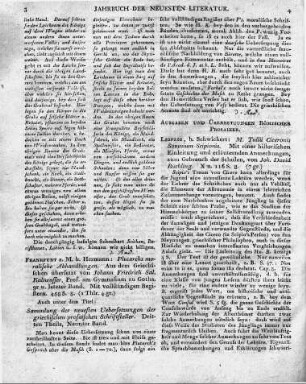 Frankfurt a. M. b. Hermann: Plutarchs moralische Abhandlungen. Aus dem Griechischen übersetzt von Johann Friedrich Sal. Kaltwasser, Prof. am Gymnasium zu Gotha, 9r u. letzter Band. Mit vollständigen Registern. 458 S. 8. --- Auch unter dem Titel: Sammlung der neuesten Uebersetzungen der griechischen prosaischen Schriftsteller. Dritten Theils, Neunter Band.