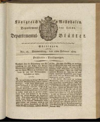 Nro 16. Donnerstag, den 23ten Februar 1809 [-] Nro 30. Donnerstag, den 13ten April 1809