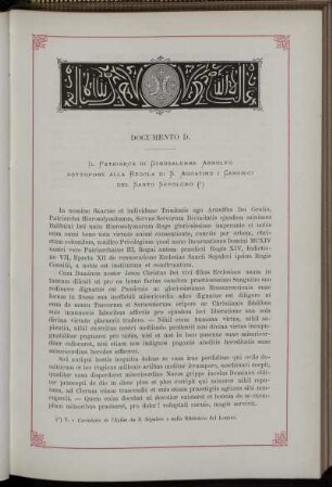 Documento D.: Il Patriarca di Gerusalemme Arnolfo sottopone alla Regola di S. Agostino i Canonici del S. Sepolcro