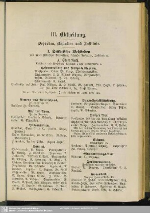 III. Abtheilung. Behördenverzeichnis : III. Abtheilung. Behörden, Anstalten und Institute