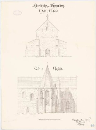 Abteikirche, Kappenberg Wiederherstellung: Ostansicht, Westansicht 1:100
