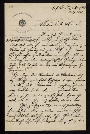 Brief an Mama, 14.04.1910, Auf See (Tanga-Zanzibar)