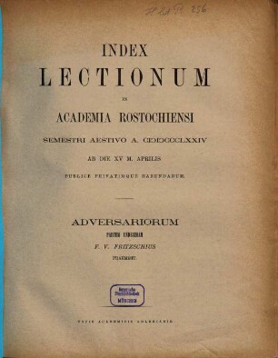 Index lectionum in Academia Rostochiensi ... publice privatimque habendarum, SS 1874