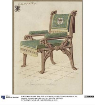 Berlin. Schloss, Wohnung Kronprinz Friedrich Wilhelms IV. von Preußen, Erasmuskapelle. Einrichtung zum Arbeitszimmer des Kronprinzen. Entwurf zu einem Sessel