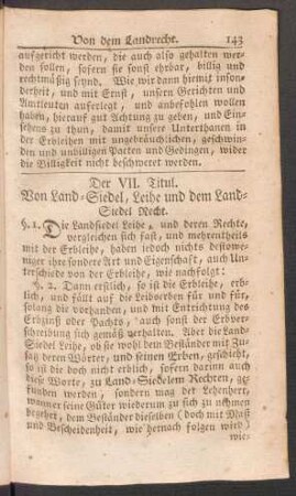 Der VII. Titul. Von Land-Siedel, Leihe und dem Land-Siedel Recht