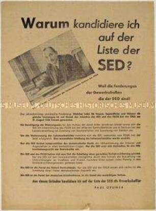 Wahlflugblatt der SED mit einem Porträt des 1. Vorsitzenden des FDGB-Landesvorstandes Paul Gruner als Kandidat der SED bei den Gemeindewahlen 1946