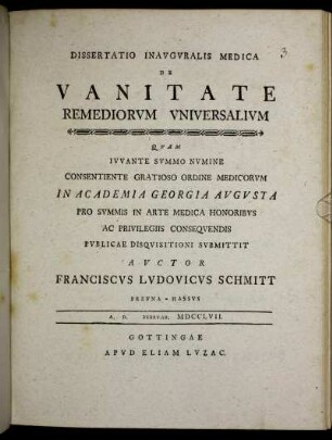 Dissertatio Inavgvralis Medica De Vanitate Remediorvm Vniversalivm