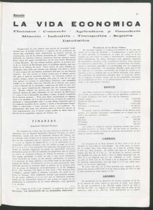 La vida económica : Finanzas - Comercio - Agricultura y Ganadería Minería - Industria - Transportes - Seguros Estadística