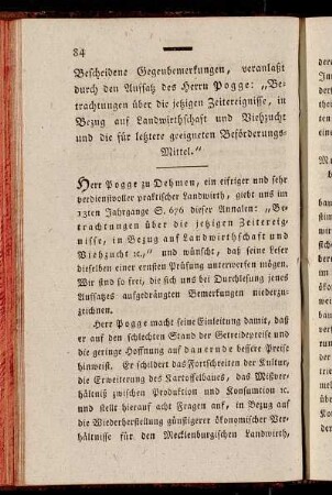 Bescheidene Gegenbemerkungen, veranlaßt durch den Aufsatz des Herrn Pogge: "Betrachtungen über die jetzigen Zeitereignisse, in Bezug auf Landwirthschaft und Viehzucht und die für letztere geeigneten Beförderungs-Mittel