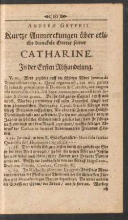 Andreae Gryphii Kurtze Anmerckungen über etliche dunckele Oerter seiner Catharine.
