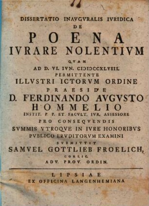 Dissertatio Inavgvralis Ivridica De Poena Ivrare Nolentivm